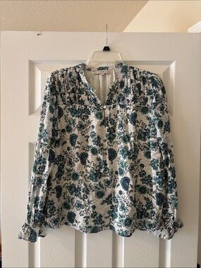 LOFT White Floral Pintuck Blouse - Green & Blue Print